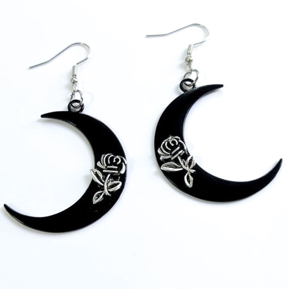 Any 3/$25! Black Crescent Moon w/Antiqued Rose Drop Earrings - Picture 3 of 9
